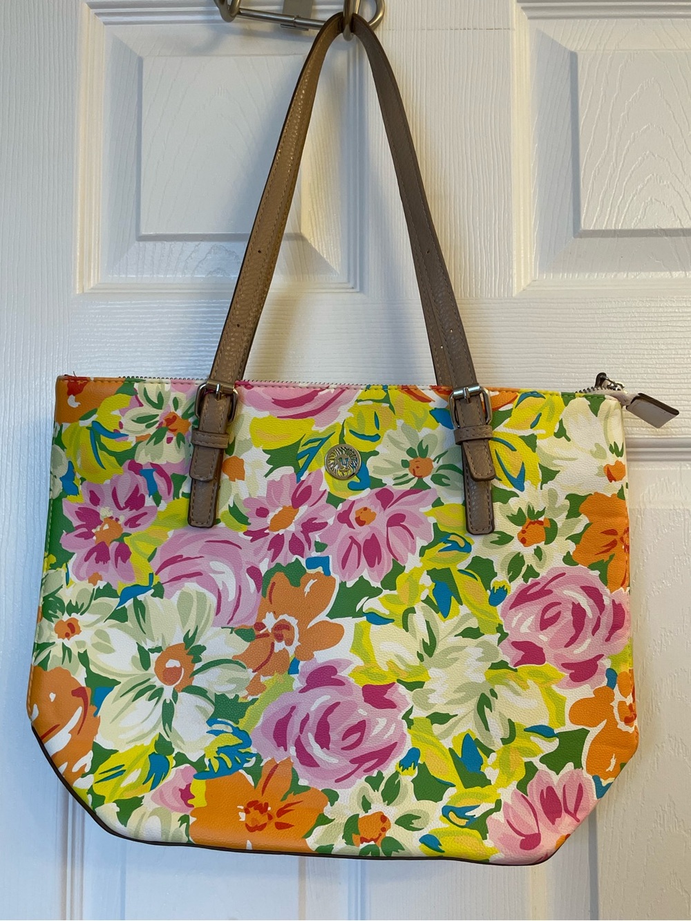 Floral Canvas Tote Bag with Taupe Straps